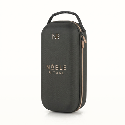 Noble Voyage espresso travel case, closed, with the NR mark and copper zip