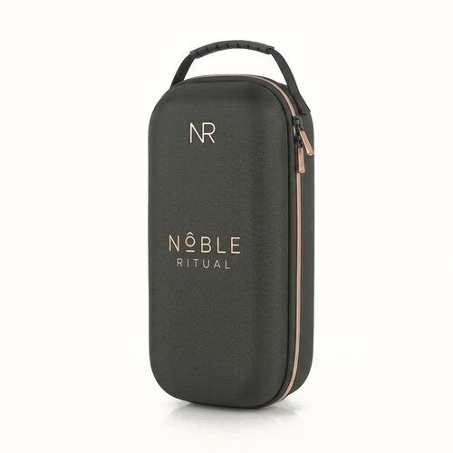 Noble Voyage espresso travel case, closed, with the NR mark and copper zip