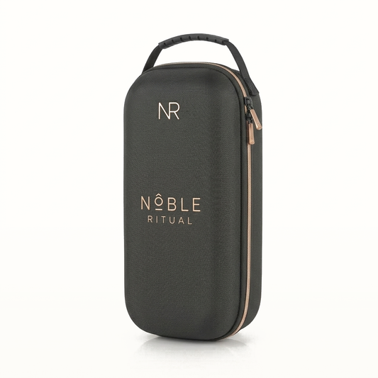 Noble Voyage espresso travel case, closed, with the NR mark and copper zip