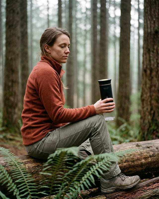 Woman in a rust-red fleece sitting on a fallen log in a misty pine forest, holding a black Brulé espresso maker, with ferns in the foreground