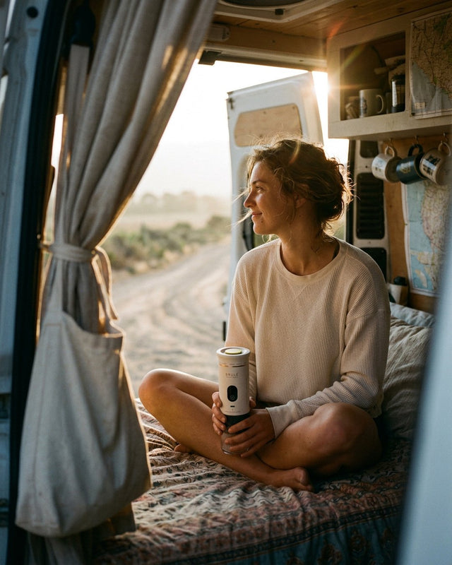 Woman in a cream sweater sitting cross-legged on a patterned bed in the open back of a camper van, holding a Brulé espresso maker, a sandy track outside