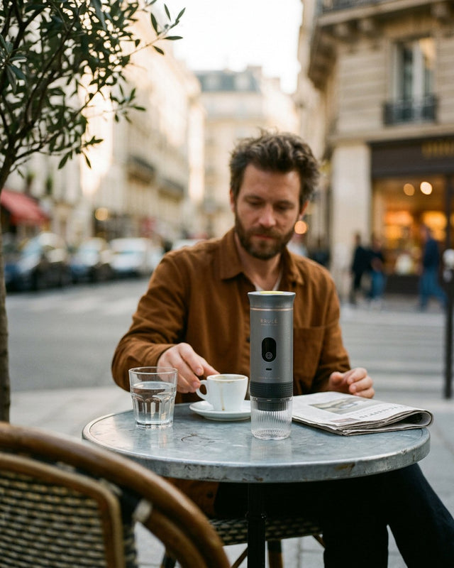 Bearded man in a brown jacket at a round cafe table on a city street with an espresso cup, a glass of water and a folded newspaper, a silver Brulé espresso maker beside him