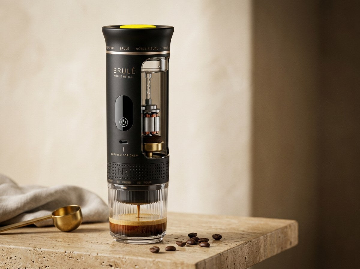 Cutaway of the Brulé espresso maker showing the water reservoir, electric pump and brew chamber above a cup of fresh espresso