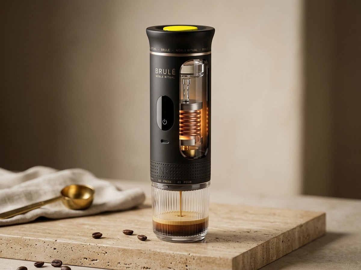 Cutaway of the Brulé espresso maker showing the water reservoir, heating coil and brew chamber
