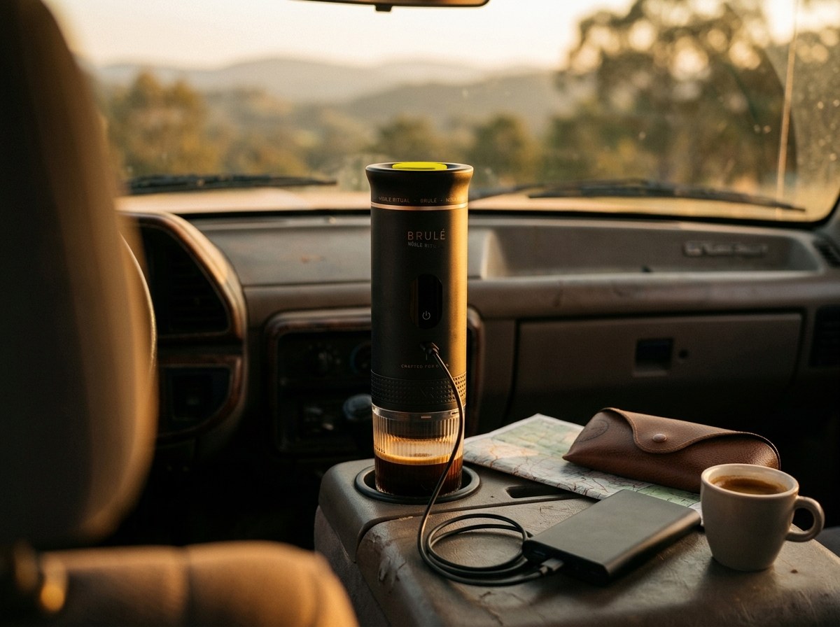 Brulé espresso maker in a truck cup holder, charging from a power bank with a USB-C cable