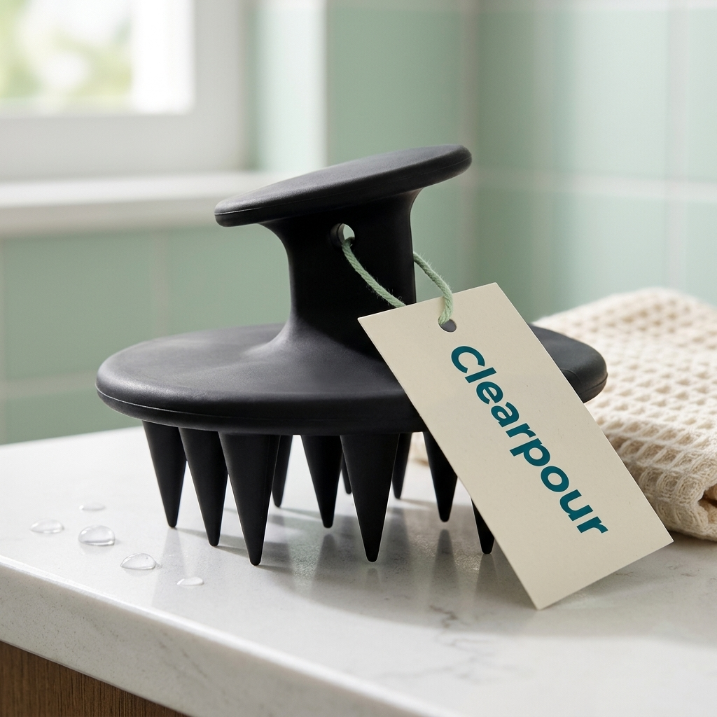 Close-up of the matte black scalp and shampoo brush with a Clearpour hang tag on a bathroom counter