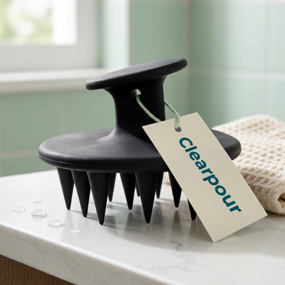 Close-up of the matte black scalp and shampoo brush with a Clearpour hang tag on a bathroom counter