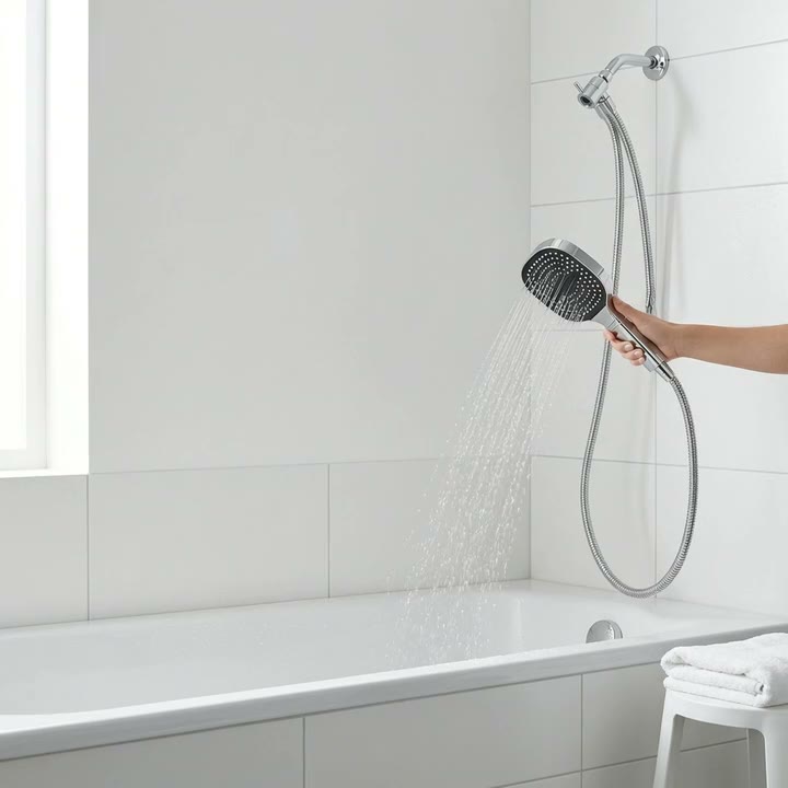 Step 1: a hand carries the Clearpour head along the tub on its 1.5 m hose