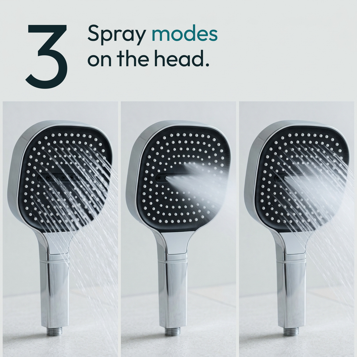 Three close-ups of the Clearpour spray plate showing its three spray modes