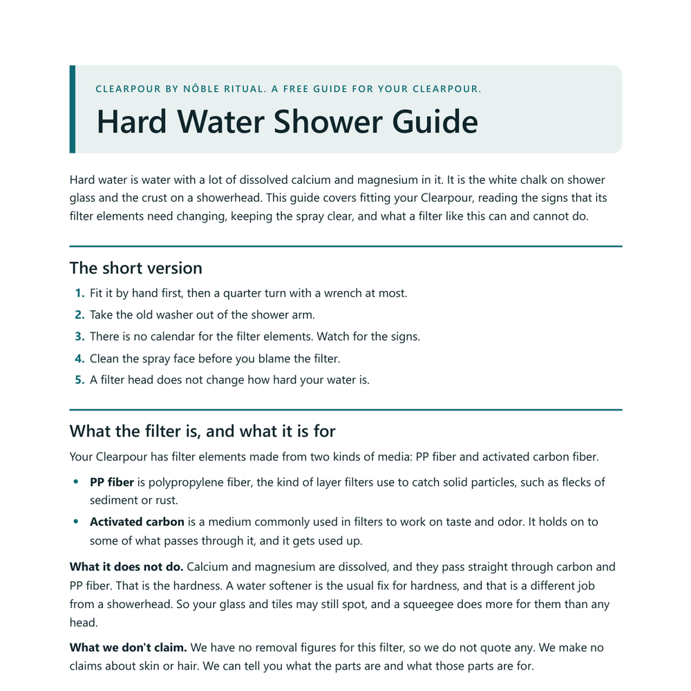 Hard Water Shower Guide by Clearpour, free with 2 or more