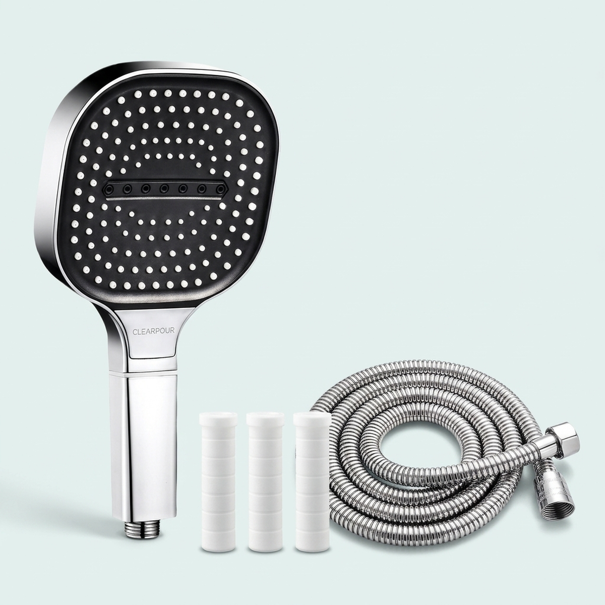 The Clearpour filtered showerhead set: square-plate head, hose and three filter cartridges