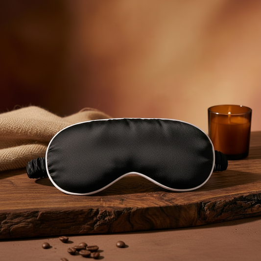 The Ritual Sleep Mask, black silk with white trim, Noble Ritual custom photo