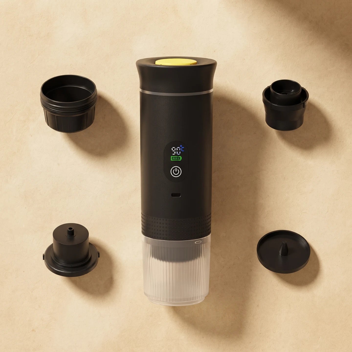 Brulé machine with the large capsule holder, small capsule holder, ground coffee holder, and powder lid