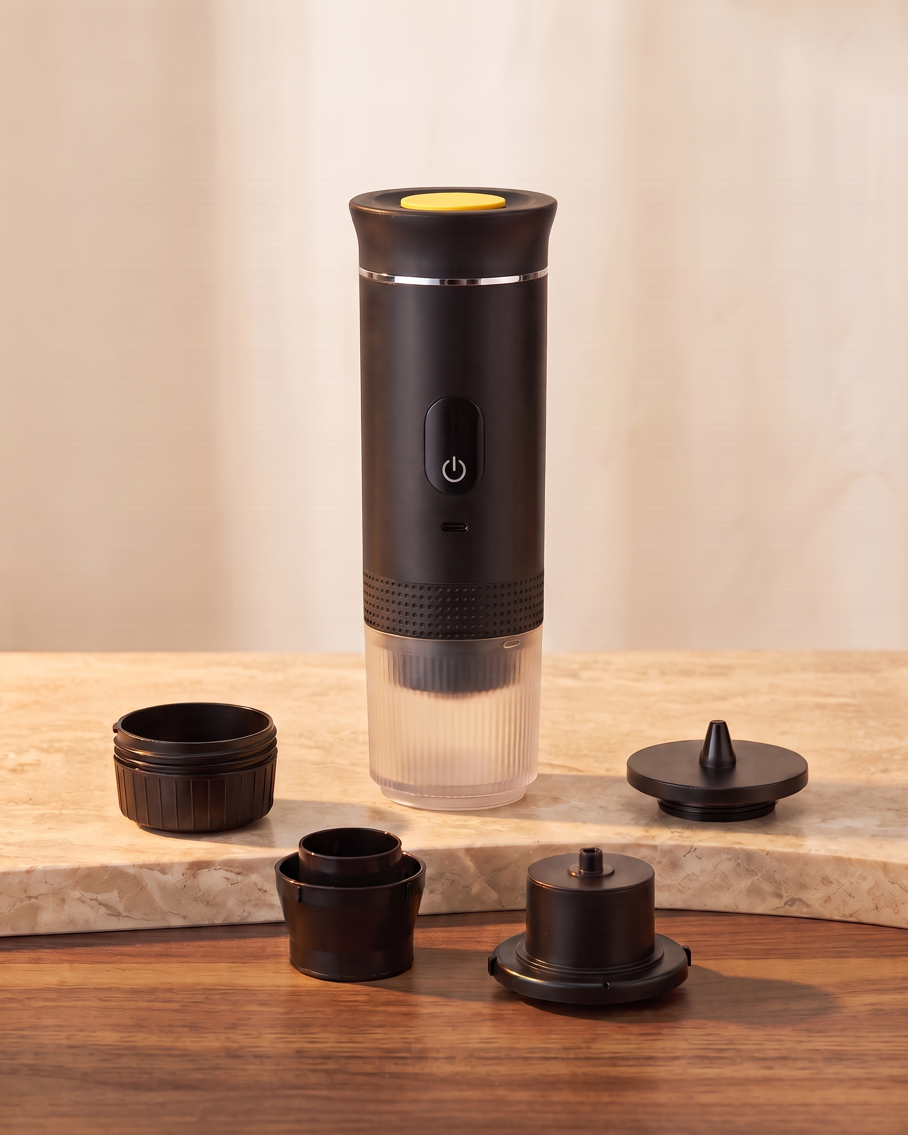 Brulé machine with large capsule holder, small capsule holder, ground coffee holder and lid arranged around it